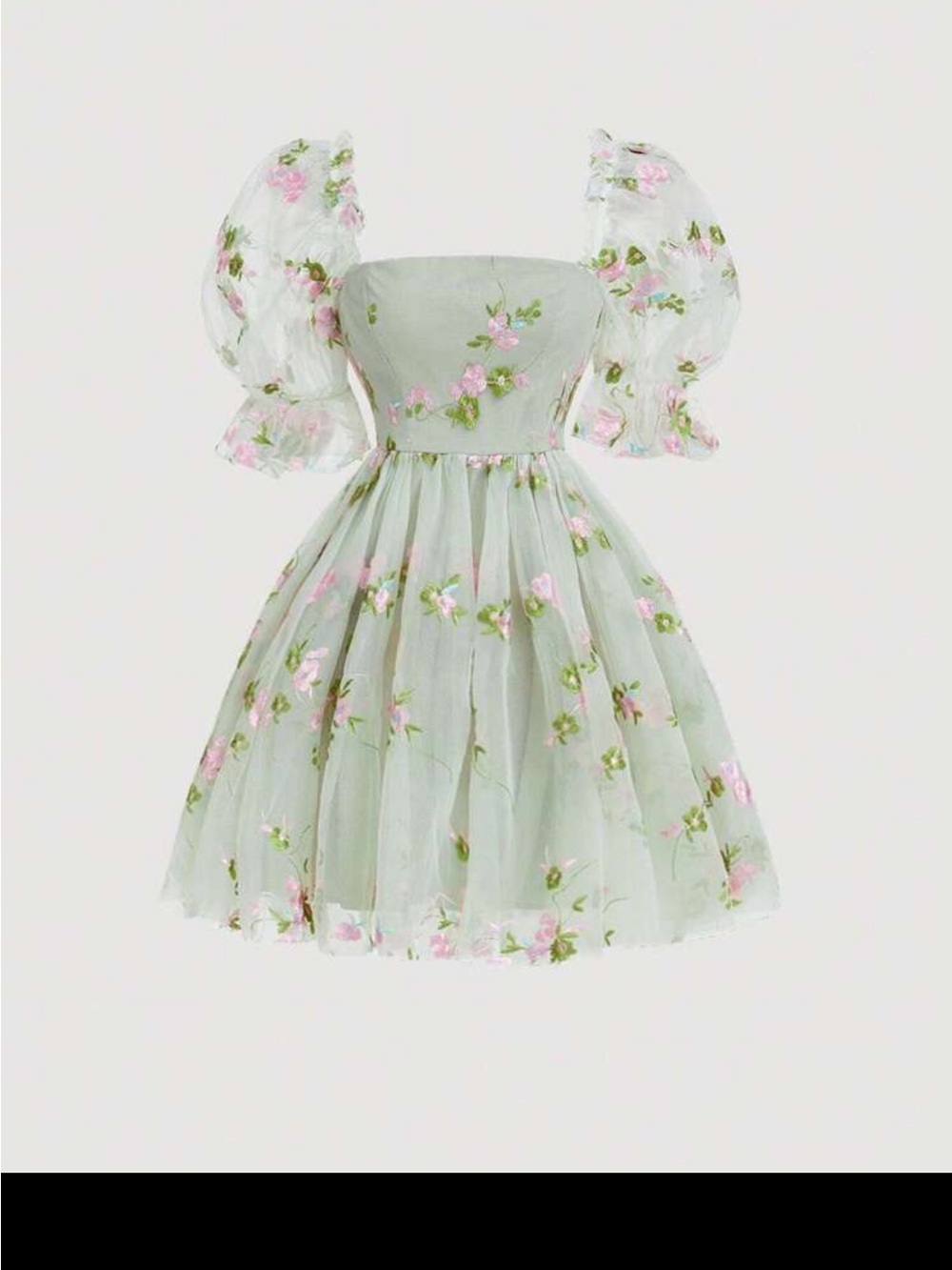 Pastel Green Floral Puff-Sleeve Mini Dress